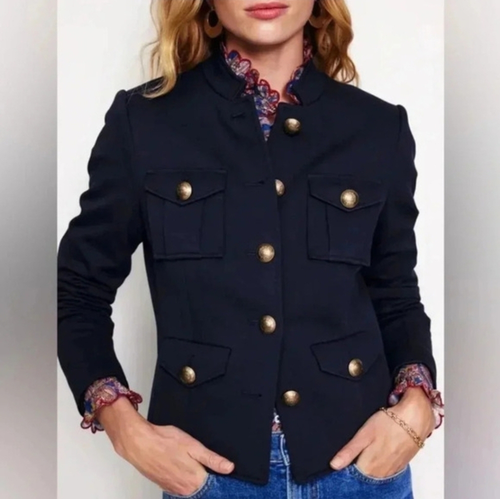 Boden Military Ponte Jacket Navy Blue Size US 2 UK 6 Gold Button Pockets